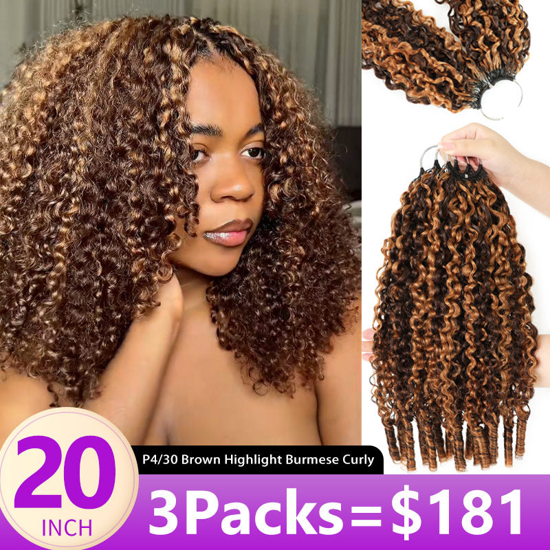 New In P4/30 Brown Highlight Burmese Curly Feather Crochet 100% Human Hair for Boho Braids