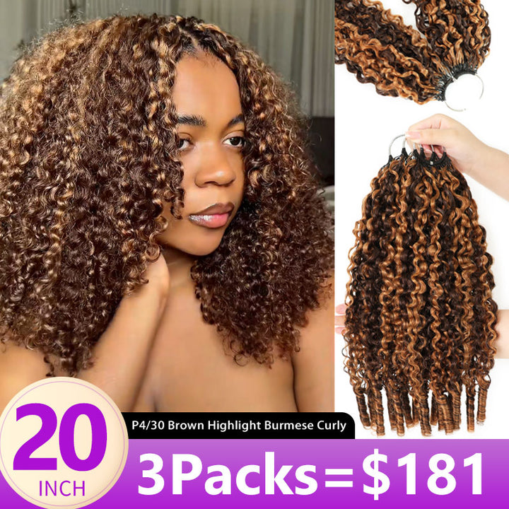 New In P4/30 Brown Highlight Burmese Curly Feather Crochet 100% Human Hair for Boho Braids