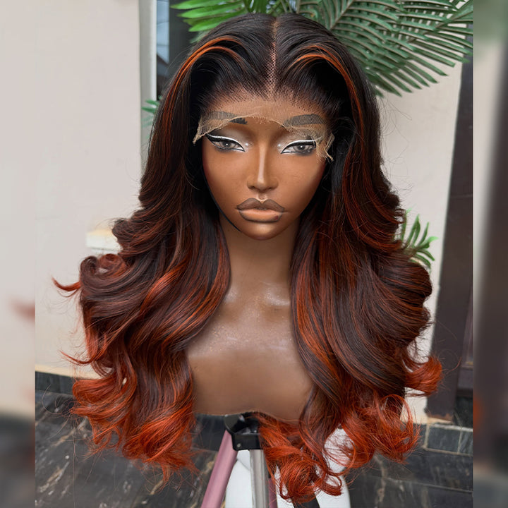 Dark Root Big Bouncy Curl Ginger Copper Skunk Stripe Highlight Human Hair Wig 6x6/13x6 Transparent Lace Frontal Wig 300% Density