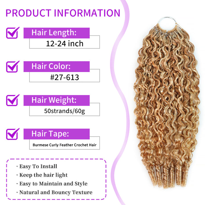 P27/613 Mix Blonde Highlight Burmese Curly Crochet Human Hair Miracle Konts Feather Human Hair Extension