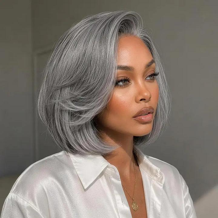 8 Inches Layer Cut Salt and Pepper Human Hair Bob Wig Silver Gray L-Part Glueless Lace Wig