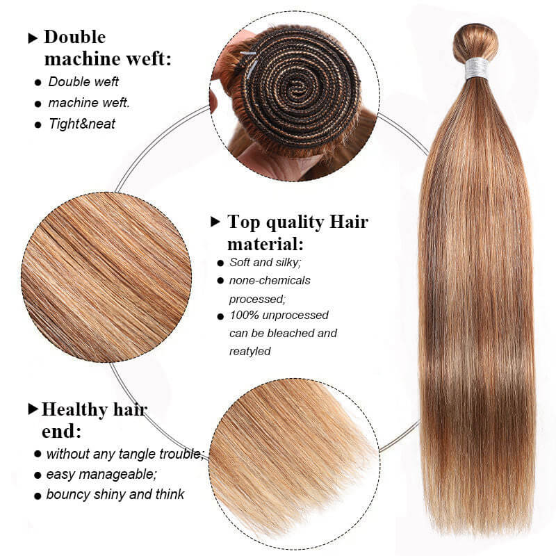 RhisoHair Mix Brown P4/27/30 Highlight Straight 3 Bundles with 5x5 Lace Closure Virgin Human Hair Bundles Double Weft Honey Blonde Weave for Women