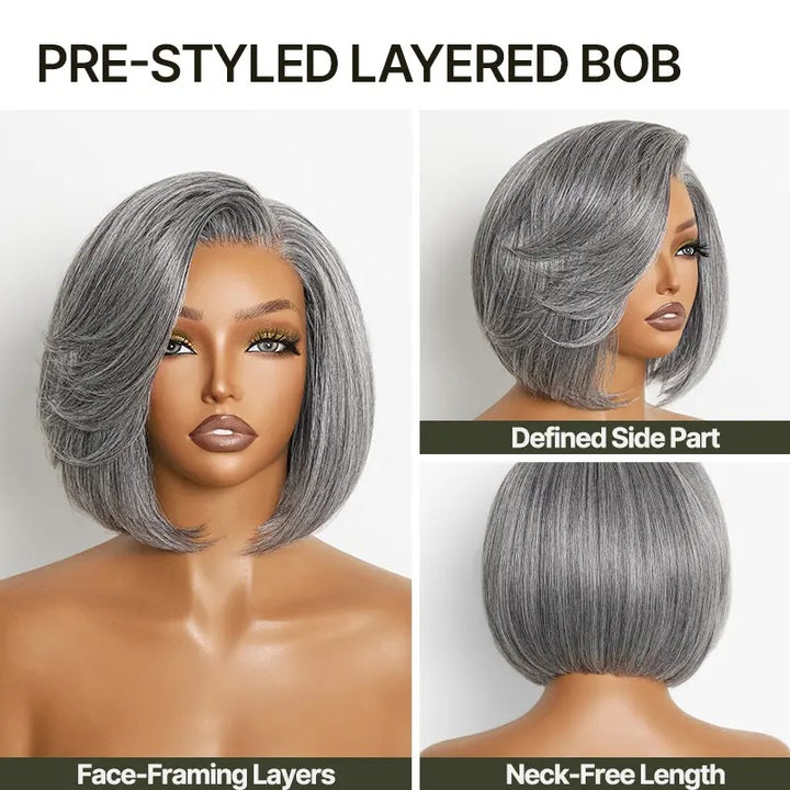 8 Inches Layer Cut Salt and Pepper Human Hair Bob Wig Silver Gray L-Part Glueless Lace Wig