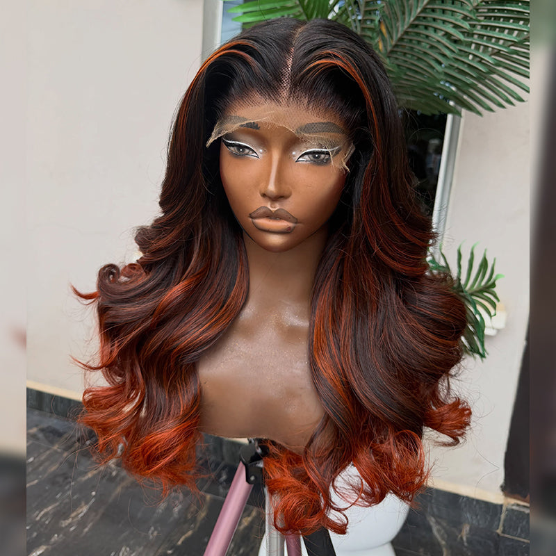 Dark Root Big Bouncy Curl Ginger Copper Skunk Stripe Highlight Human Hair Wig 6x6/13x6 Transparent Lace Frontal Wig 300% Density