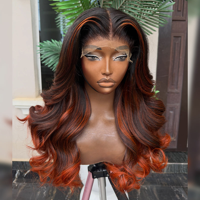 Dark Root Big Bouncy Curl Ginger Copper Skunk Stripe Highlight Human Hair Wig 6x6/13x6 Transparent Lace Frontal Wig 300% Density