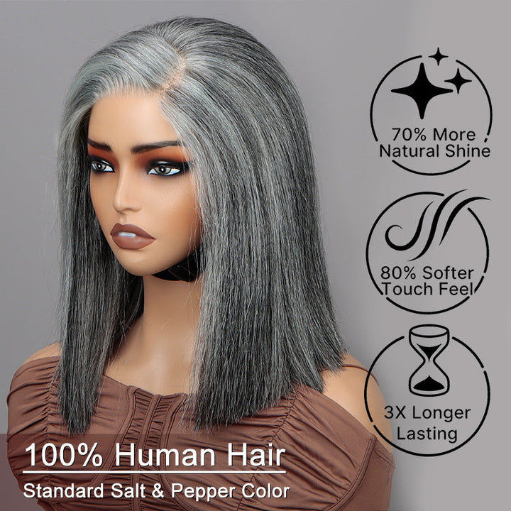 Standard Salt & Pepper Short Straight Bob Wig 5x5 Glueless Gray Color Lace Closure Human Hair Wigs For Mature Women