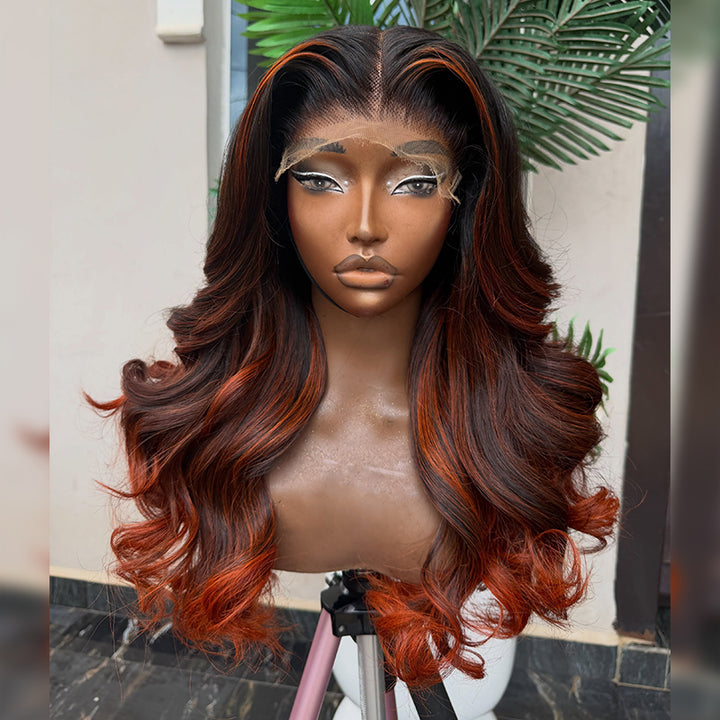 Dark Root Big Bouncy Curl Ginger Copper Skunk Stripe Highlight Human Hair Wig 6x6/13x6 Transparent Lace Frontal Wig 300% Density