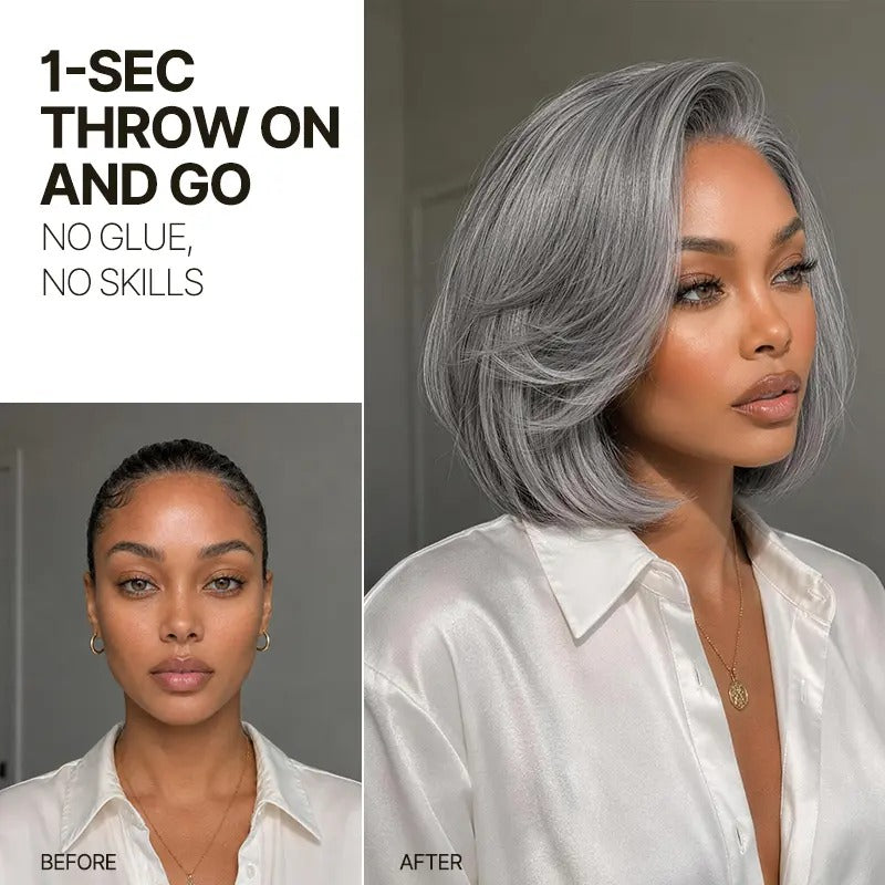 8 Inches Layer Cut Salt and Pepper Human Hair Bob Wig Silver Gray L-Part Glueless Lace Wig