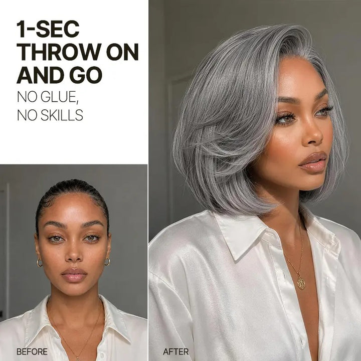8 Inches Layer Cut Salt and Pepper Human Hair Bob Wig Silver Gray L-Part Glueless Lace Wig