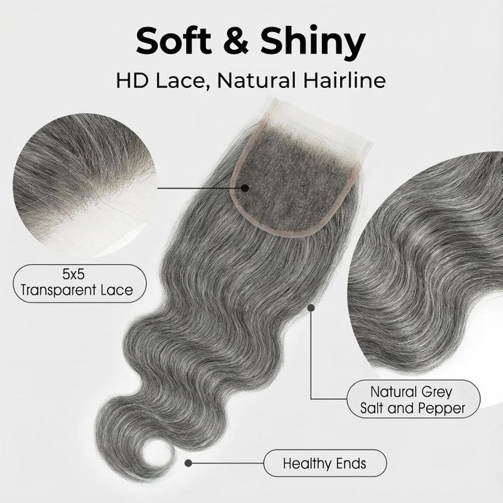 New In Salt and Pepper Body Wave Closure Natural Grey 5x5 HD Transparent Lace Closure 100% Unprocessed Virgin Human Hair