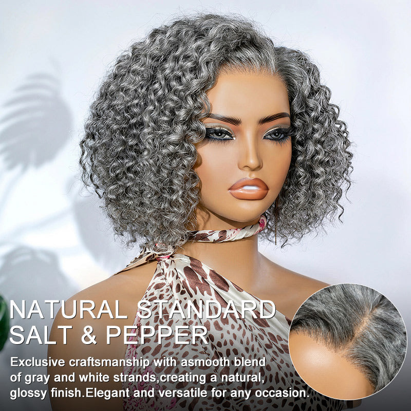 Standard Salt & Pepper Short Jerry Curly Human Hair Wig 5x5 Glueless Gray Color Lace Closure Wigs For Mature Women