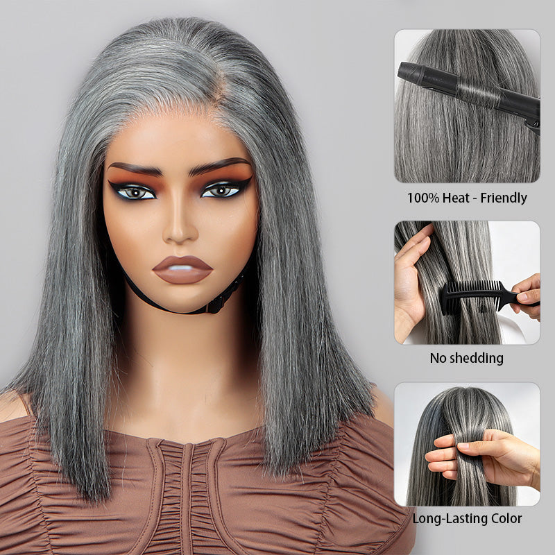 Standard Salt & Pepper Short Straight Bob Wig 5x5 Glueless Gray Color Lace Closure Human Hair Wigs For Mature Women