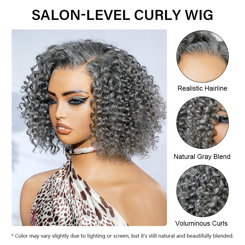 Standard Salt & Pepper Short Jerry Curly Human Hair Wig 5x5 Glueless Gray Color Lace Closure Wigs For Mature Women