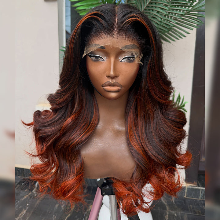 Dark Root Big Bouncy Curl Ginger Copper Skunk Stripe Highlight Human Hair Wig 6x6/13x6 Transparent Lace Frontal Wig 300% Density