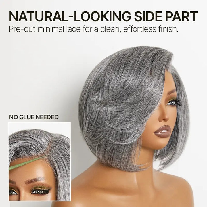 8 Inches Layer Cut Salt and Pepper Human Hair Bob Wig Silver Gray L-Part Glueless Lace Wig