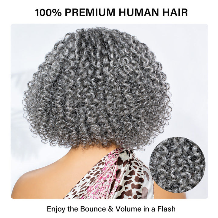 Standard Salt & Pepper Short Jerry Curly Human Hair Wig 5x5 Glueless Gray Color Lace Closure Wigs For Mature Women