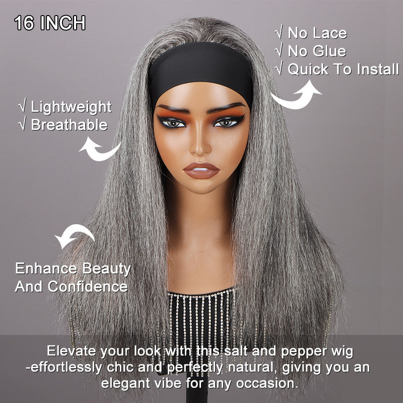 Standard Salt & Pepper Straight Headband Human Hair Wig Silver Gray Glueless Wigs For Women