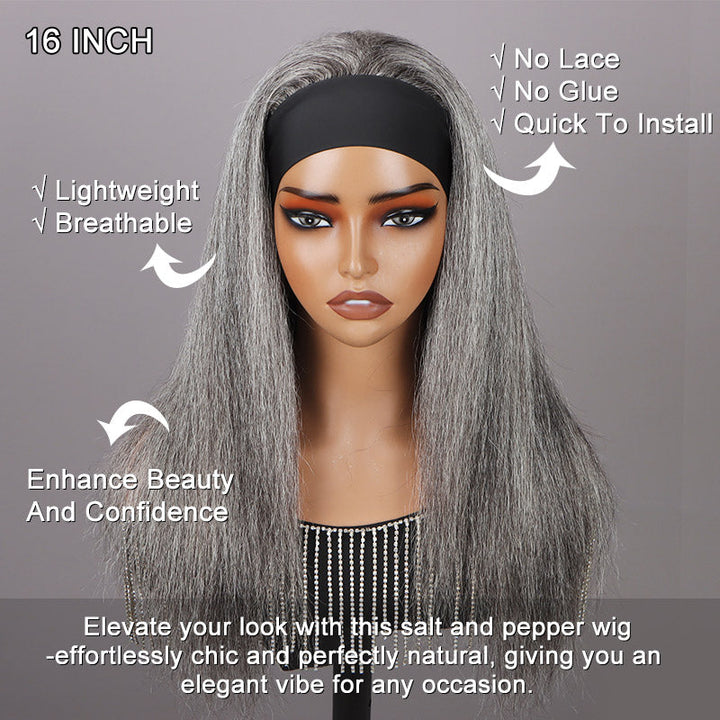 Standard Salt & Pepper Straight Headband Human Hair Wig Silver Gray Glueless Wigs For Women