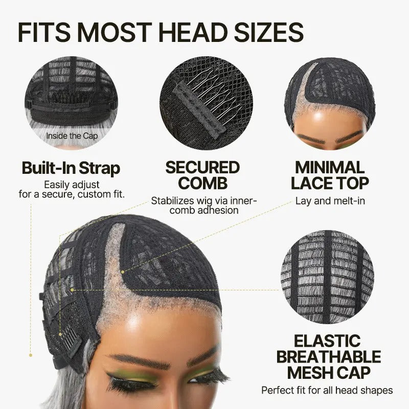 8 Inches Layer Cut Salt and Pepper Human Hair Bob Wig Silver Gray L-Part Glueless Lace Wig