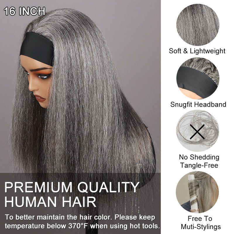 Standard Salt & Pepper Straight Headband Human Hair Wig Silver Gray Glueless Wigs For Women