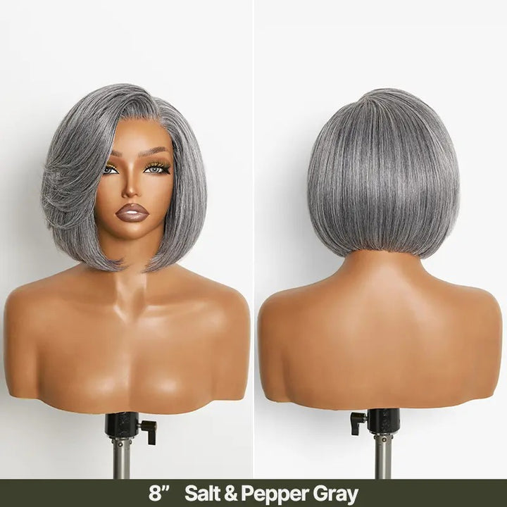 8 Inches Layer Cut Salt and Pepper Human Hair Bob Wig Silver Gray L-Part Glueless Lace Wig