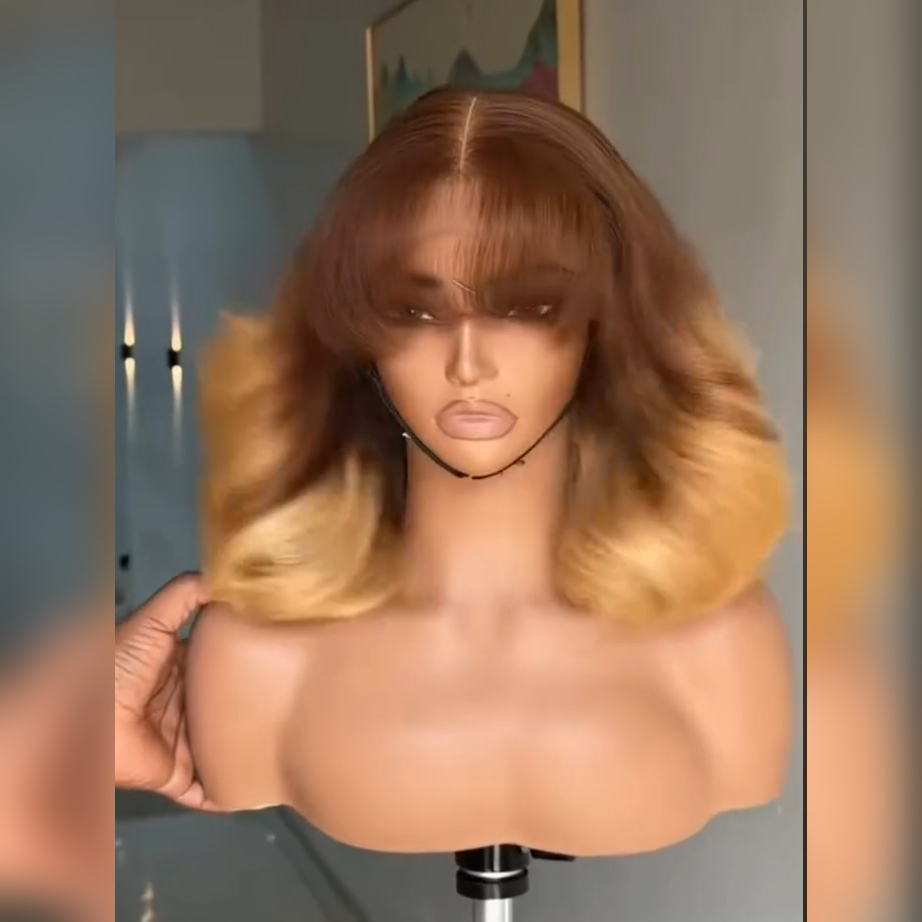 300% Density T4/27 Ombre Blonde Blowout Layered Human Hair Bob Wig with Wispy Bangs 5x5/6x6 Glueless Lace Closure Loose Body Wave Wig