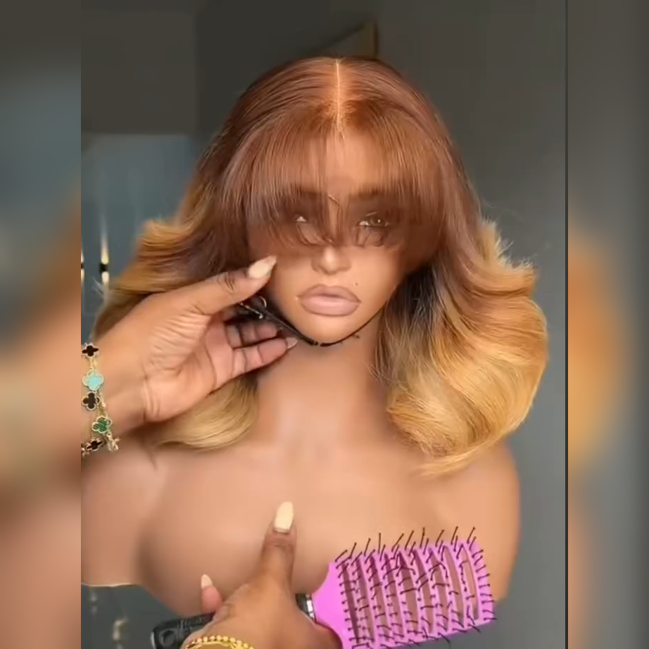 300% Density T4/27 Ombre Blonde Blowout Layered Human Hair Bob Wig with Wispy Bangs 5x5/6x6 Glueless Lace Closure Loose Body Wave Wig