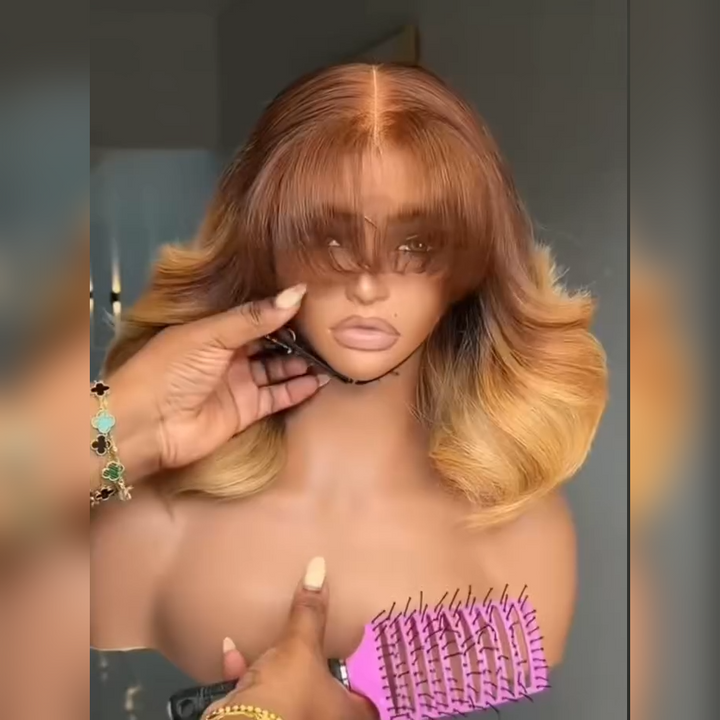 300% Density T4/27 Ombre Blonde Blowout Layered Human Hair Bob Wig with Wispy Bangs 5x5/6x6 Glueless Lace Closure Loose Body Wave Wig