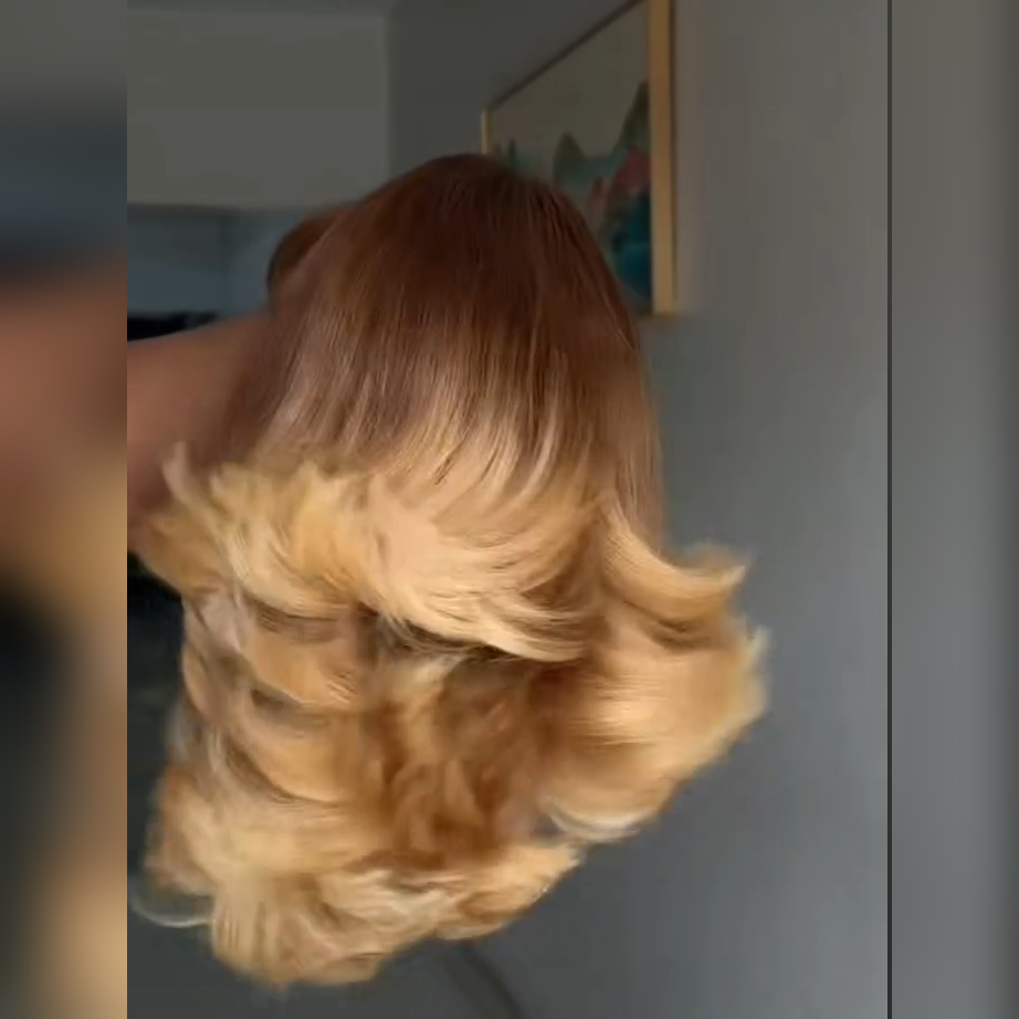 300% Density T4/27 Ombre Blonde Blowout Layered Human Hair Bob Wig with Wispy Bangs 5x5/6x6 Glueless Lace Closure Loose Body Wave Wig