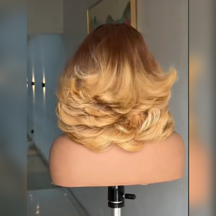 300% Density T4/27 Ombre Blonde Blowout Layered Human Hair Bob Wig with Wispy Bangs 5x5/6x6 Glueless Lace Closure Loose Body Wave Wig