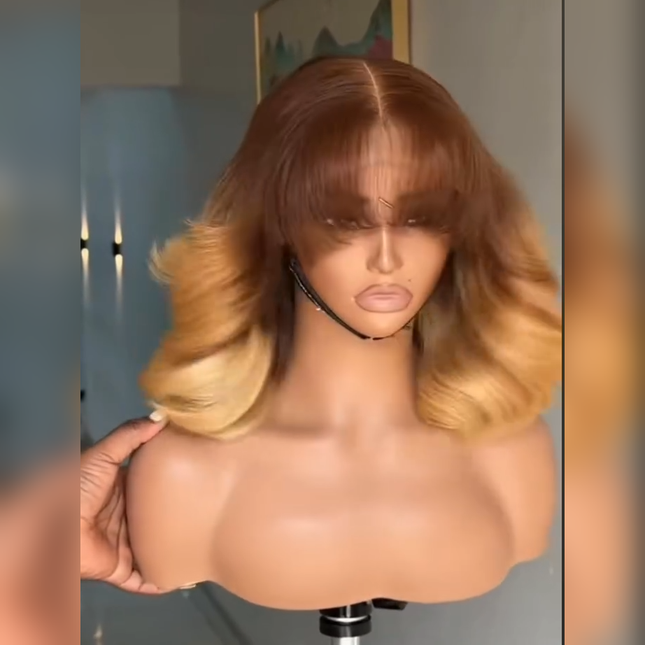 300% Density T4/27 Ombre Blonde Blowout Layered Human Hair Bob Wig with Wispy Bangs 5x5/6x6 Glueless Lace Closure Loose Body Wave Wig