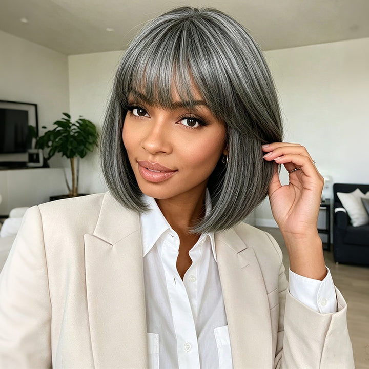 Salt & Pepper Straight Human Hair Bob Wig With Bangs 5x5 Glueless Lace Closure Wig For Black Women