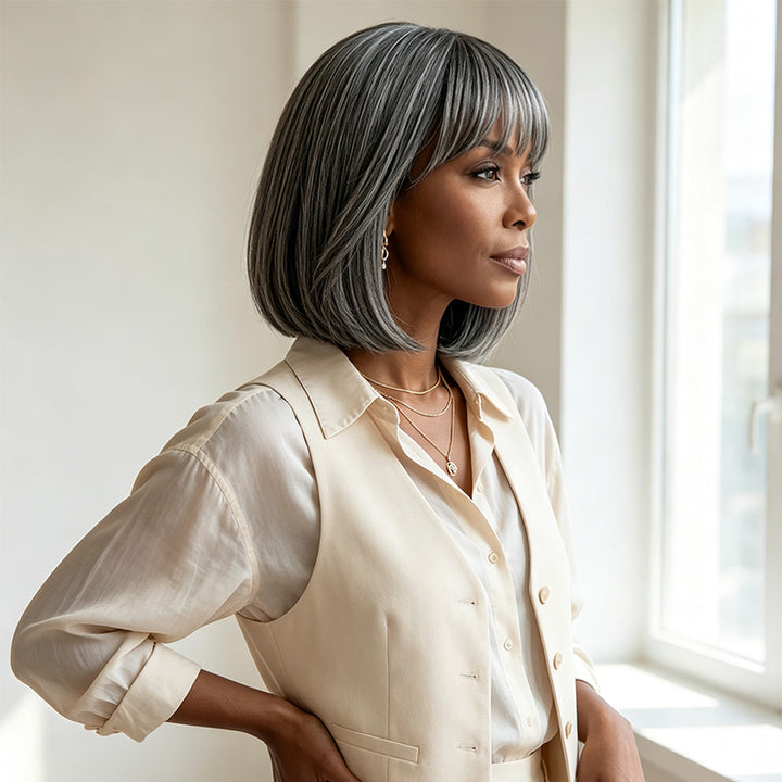 Salt & Pepper Straight Human Hair Bob Wig With Bangs 5x5 Glueless Lace Closure Wig For Black Women