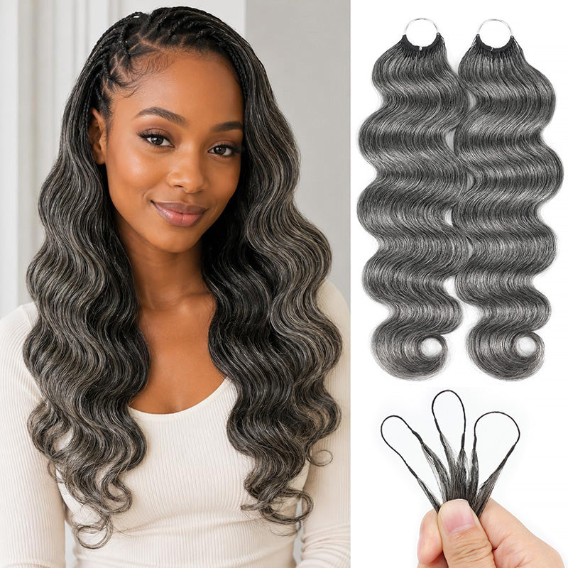 Deep Salt & Pepper Body Wave Crochet Hair Miracle Konts Feather 100% Human Hair Extension for Boho Braids-RHISO