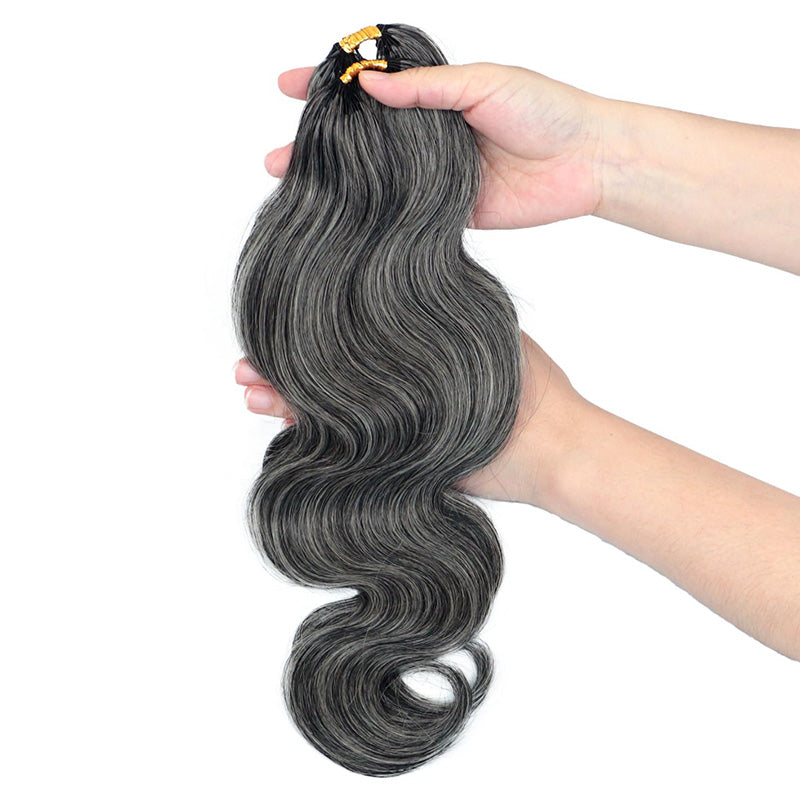 Dark Salt & Pepper Body Wave Crochet Hair Miracle Konts Feather Human Hair Extension for Boho Braids-RHISO