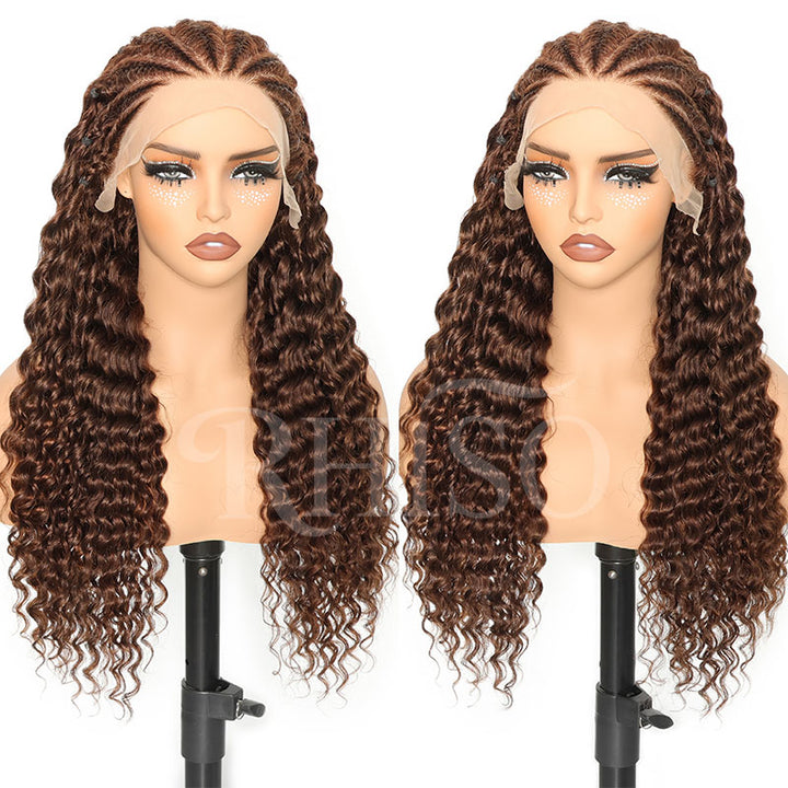 Pre-Braided #4 Chocolate Brown Deep Wave Human Hair Wig Pre-Plucked 13x6 HD Lace Frontal Wig