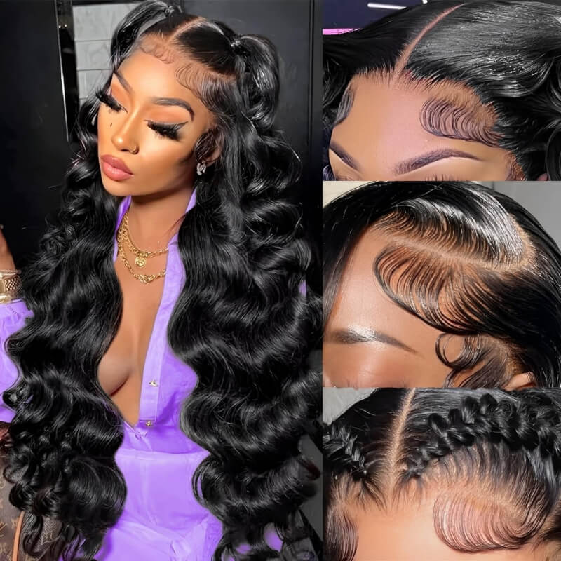 Natural Black Body Wave Human Hair Wig 6x6/13x6 Transparent Lace Frontal Wig 300% Density