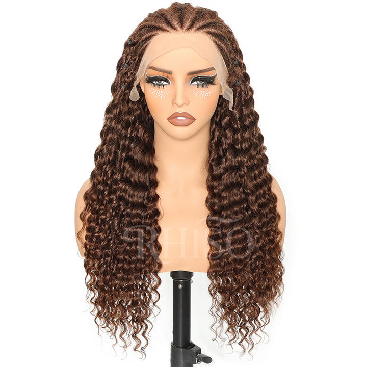 Pre-Braided #4 Chocolate Brown Deep Wave Human Hair Wig Pre-Plucked 13x6 HD Lace Frontal Wig