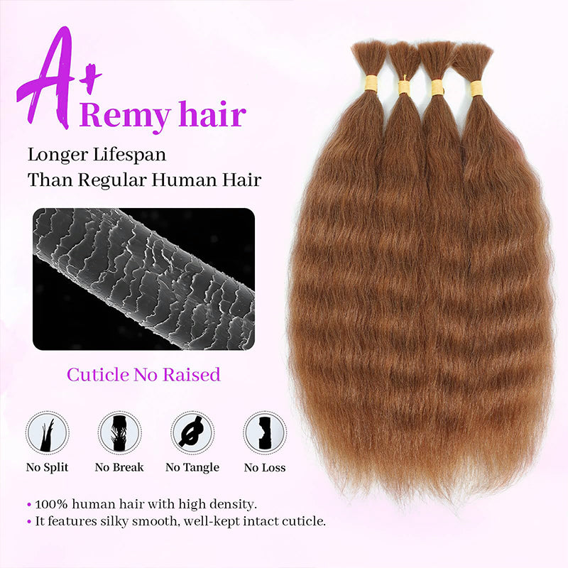 RHISO 18Inch #30 Copper Brown Super Wave Bulk Human Hair Extensions for Boho Braids – Wet and Wavy No Weft Human Hair 4 Bundles/Pack 150g