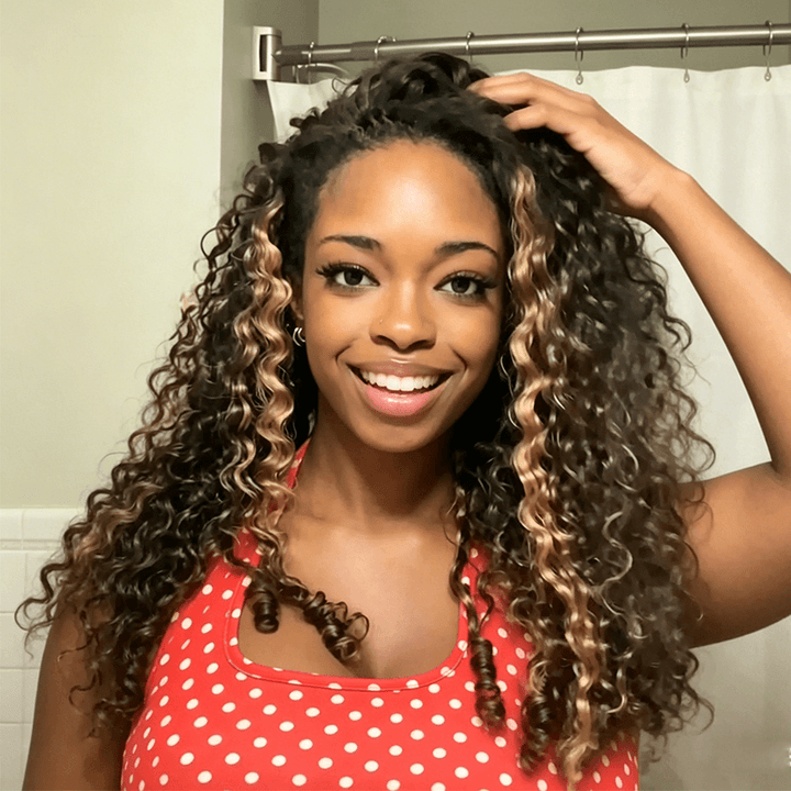 Pay3 Get4|3Packs Natural Black With 1Pack #27 Honey Blonde Burmese Curly Feather Crochet Human Hair Extension 