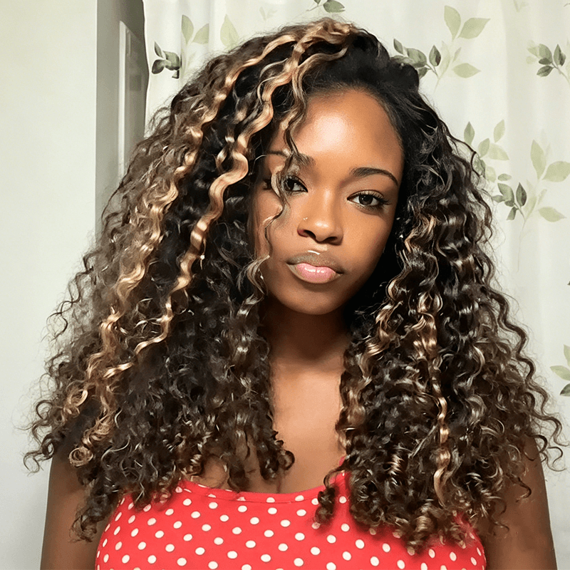Pay3 Get4|3Packs Natural Black With 1Pack #27 Honey Blonde Burmese Curly Feather Crochet Human Hair Extension 