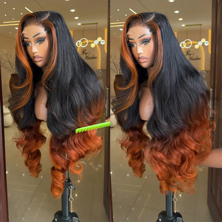 300% Density T1B/350 Ombre Ginger Body Wave Human Hair Wig with Face-Framing Highlights 6x6/13x6 Transparent Lace Frontal Wig