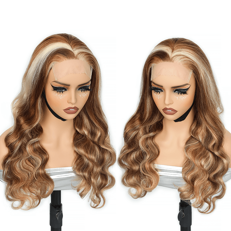RhisoHair Mix Brown P4/27/613 Highlight Body Wave Wig 5x5 Pull To Go Glueless Human Hair Wig With Invisible Adjustable Drawstring 300% Density