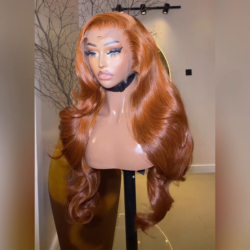 300% Density Ginger Orange Body Wave Human Hair Wig 6x6 13x6 Transparent Lace Frontal Wig