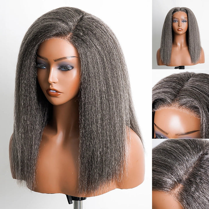 5x5 Closure Kinky Straight Salt & Pepper Free Parting Glueless Human Hair Wig Gray Color Pre-Cut Lace Bob Wig