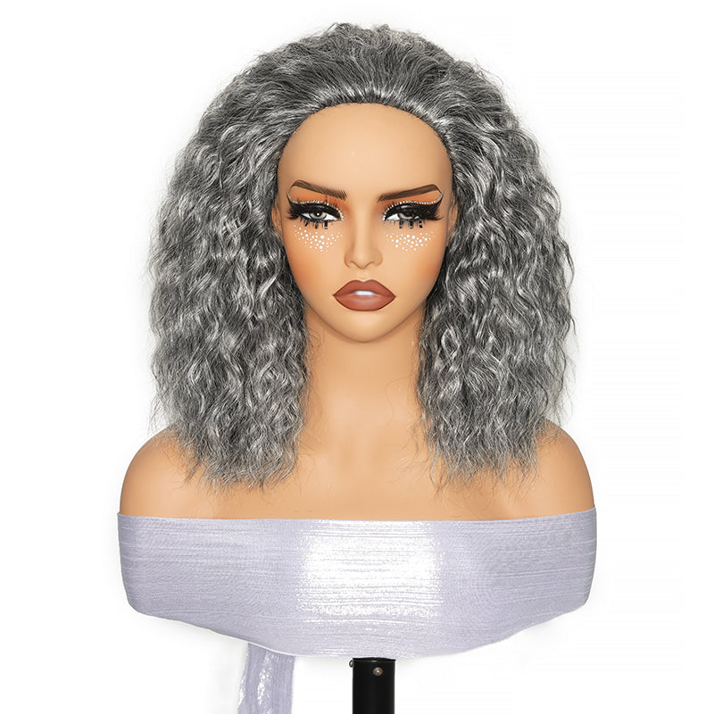 Salt & Pepper Super Wave 3 In 1 Flip Over Half Wig Natural Grey Wear And Go Glueless 100% Human Hair Wig With Drawstring