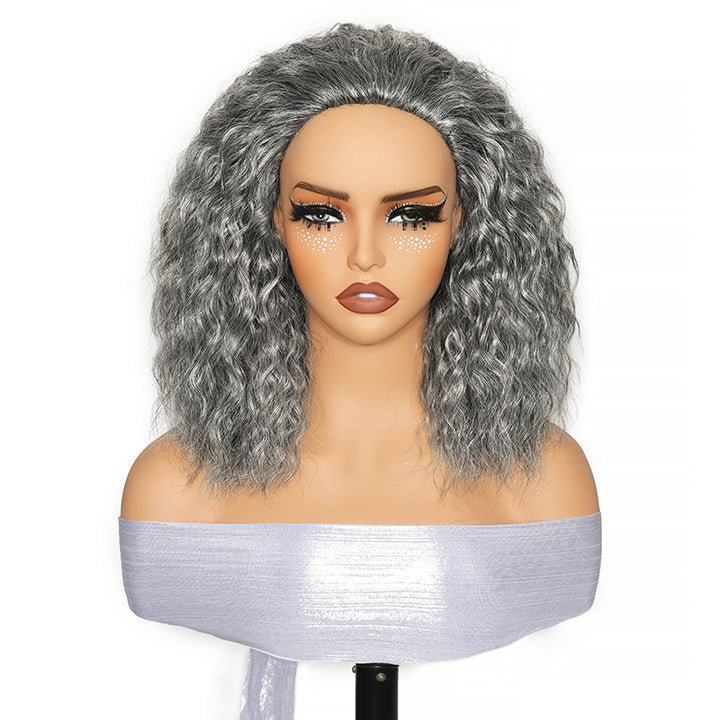 Salt & Pepper Super Wave 3 In 1 Flip Over Half Wig Natural Grey Wear And Go Glueless 100% Human Hair Wig With Drawstring
