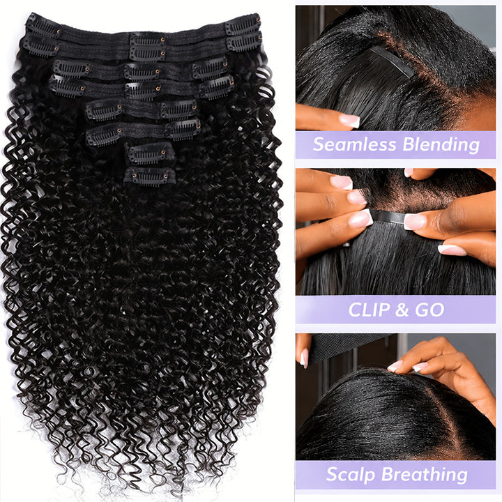 Jerry Curly Seamless Clip In Human Hair Extensions For Black Women 8 Pcs/pack Natural Volume & Looking
