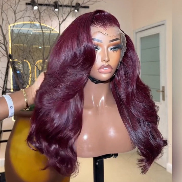 #99J Wine Red Body Wave Human Hair Wig 6x6/13x6 Transparent Lace Frontal Wig 300% Density