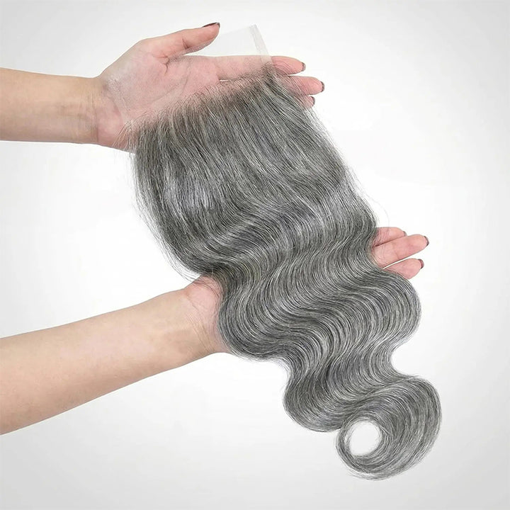 New In Salt and Pepper Body Wave Closure Natural Grey 5x5 HD Transparent Lace Closure 100% Unprocessed Virgin Human Hair